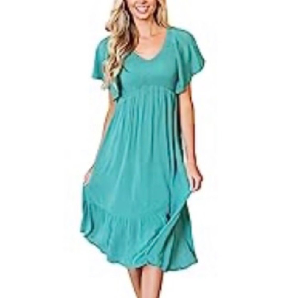 Kranda Flowy Summer Midi Dress in Turquoise Blue, Flutter Sleeves, Tiered Skirt